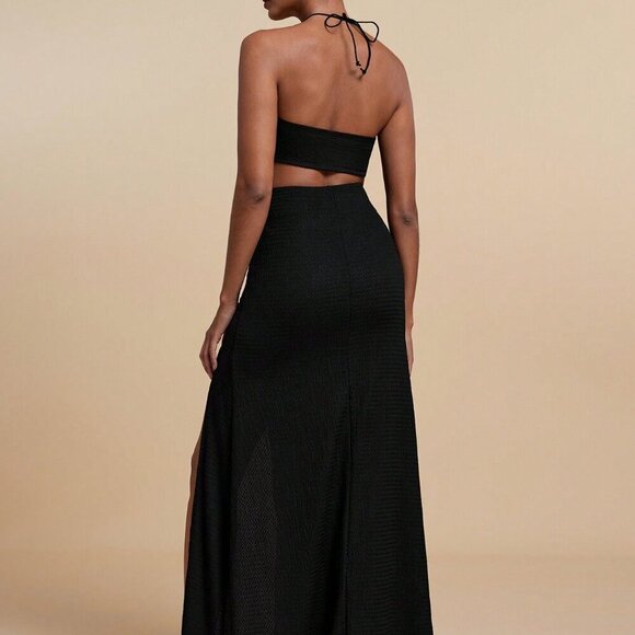 Black Sexy Women's Beach Cut Out Split Thigh Halter Neck Backless Dress - Picture 2 of 5